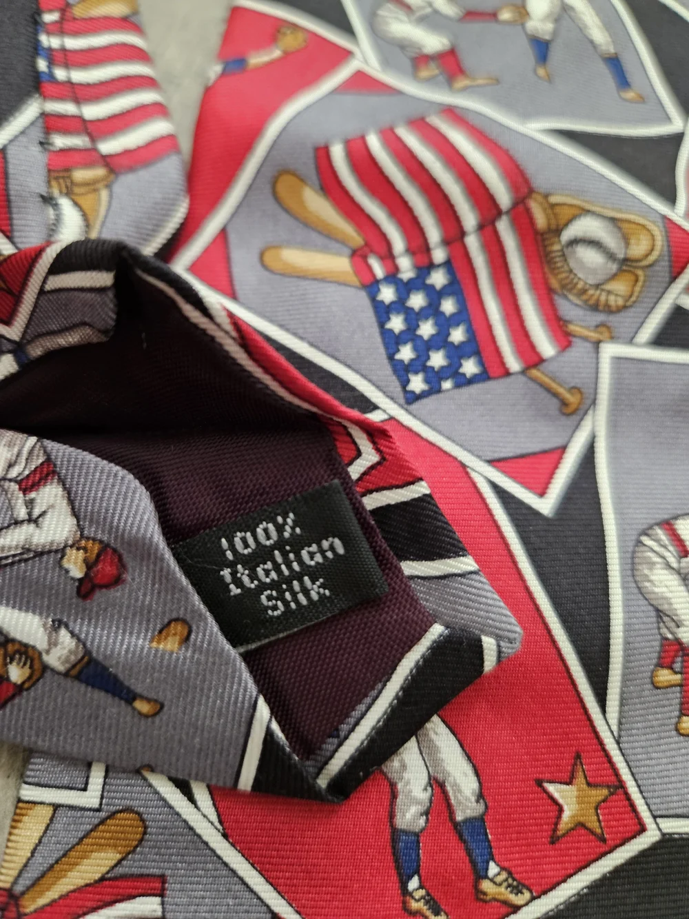Patriotic 100% Italian Silk Baseball Print Men's Tie in Red & Gray Made In USA